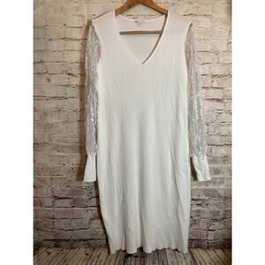Cato Sweater Dress Womens 18/20W White Ribbed Knit Midi Mesh Sequin Sleeves Plus